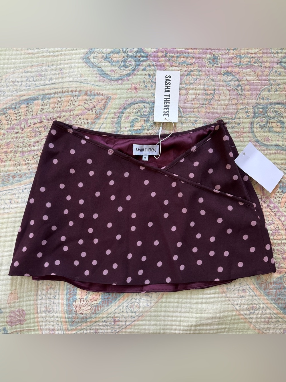NWT Sasha Therese Tily Polka Dot Mini Skirt Burgundy Pink XS Coquette